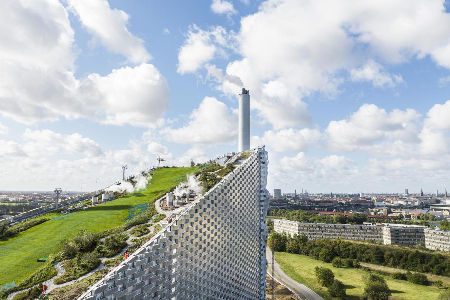 A modern energy plant building in Copenhagen with artificial ski slope
